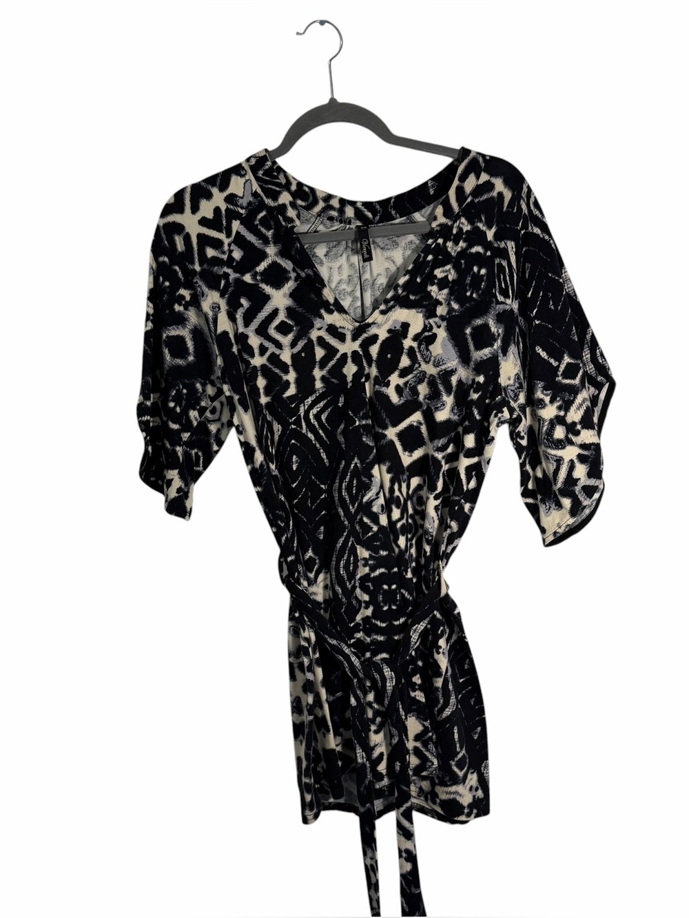 Viereck Abstract Print V-Neck Dress with Tie Belt
